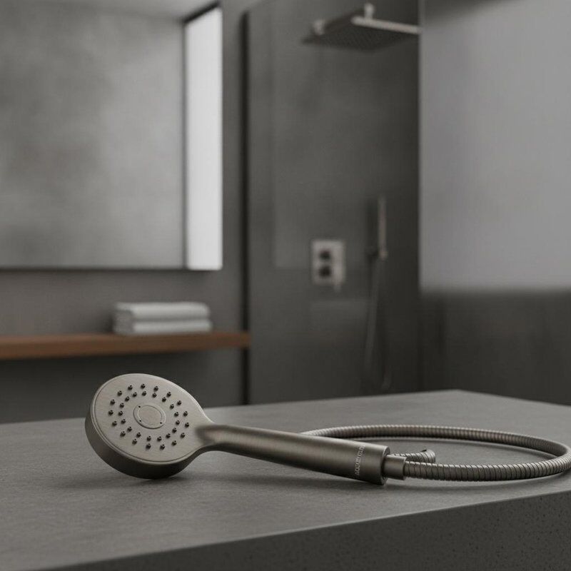 Handdouche met gunmetal afwerking, ontworpen om hedendaagse badkamers aan te vullen en functionaliteit te bieden met een stijlvolle uitstraling